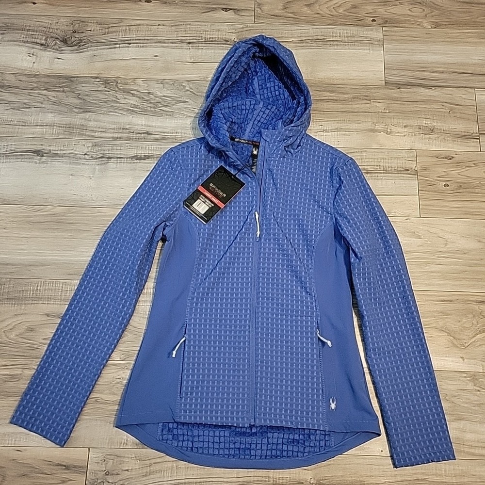 Spyder Hooded Active Jacket Womens Small Blue Sweater Fleece Water Resistant NEW